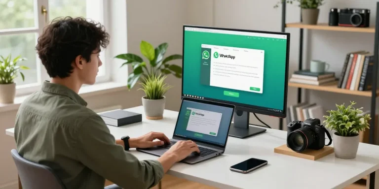 Using WhatsApp電腦版 on a modern workspace, showcasing productivity and tech integration.