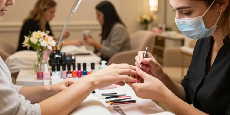 Paradise Nail Beauty luxurious salon scene with nail technician applying acrylic extensions in a serene atmosphere.
