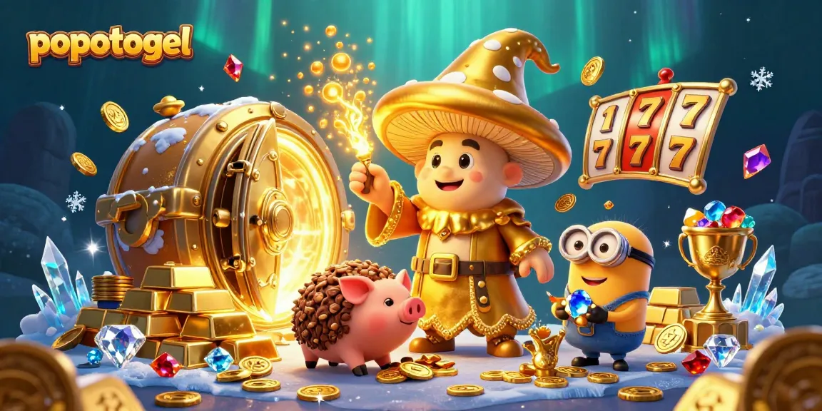 Experience the magical world of popotogel slots with golden treasures, gems, and vibrant game elements.