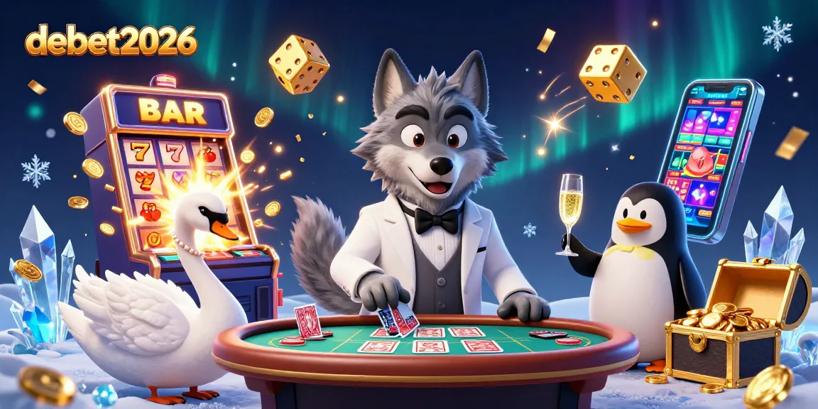 Experience the excitement of debet2026 with a lively casino scene featuring a wolf, swan, and penguin.