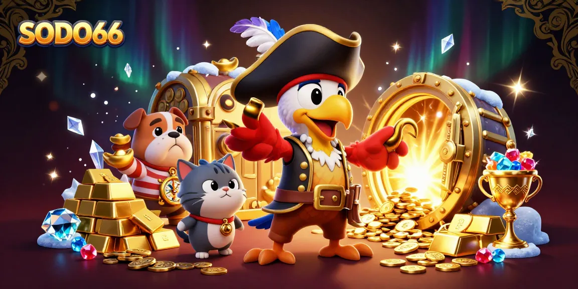 SODO66 casino adventure scene with pirate captain and treasures, providing thrilling gaming excitement.
