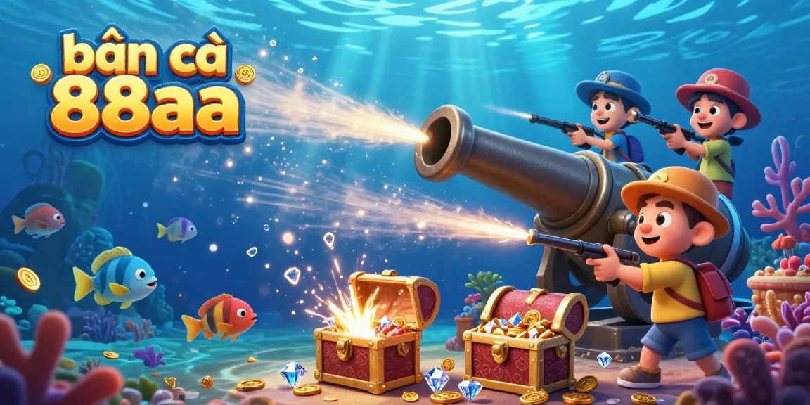 Engage in thrilling bắn cá 88aa action with players shooting underwater treasures, vibrant sea creatures, and cannon, surrounded by sparkling gems.