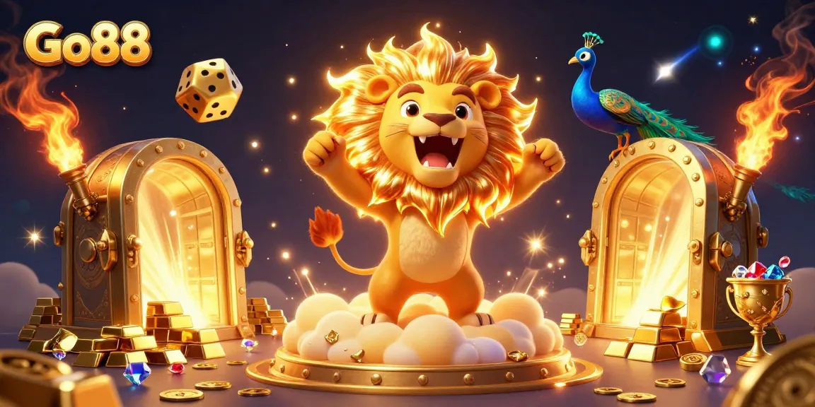 Experience Go88's thrilling online casino with a majestic sun lion amidst gold treasures.