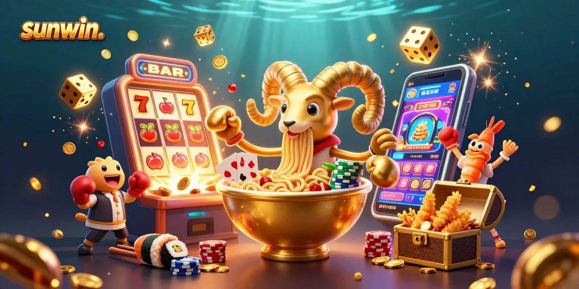 Spin to win with sunwin. in this vibrant 3D casino scene featuring a golden ramen bowl, cards, and exciting jackpot elements.