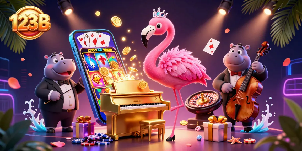 Engage in thrilling gaming at 123B with vibrant casino elements like slots, cards, and dazzling characters.
