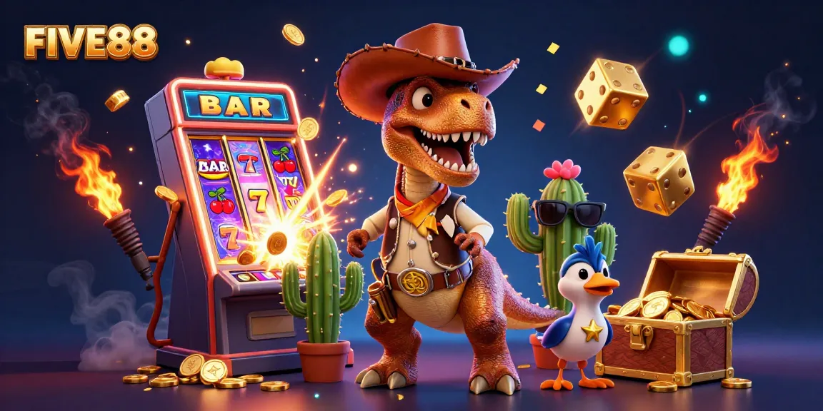 FIVE88's vibrant casino scene features a T-Rex and friends celebrating a jackpot explosion.