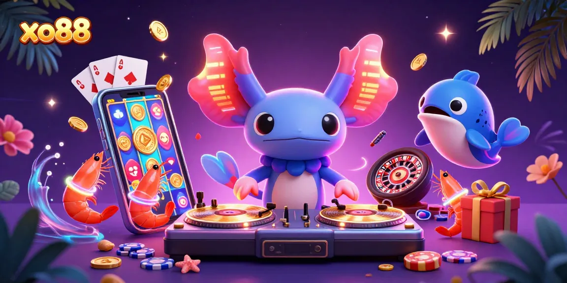 Experience thrilling gameplay at xo88 with a dynamic scene of casino elements and colorful characters.