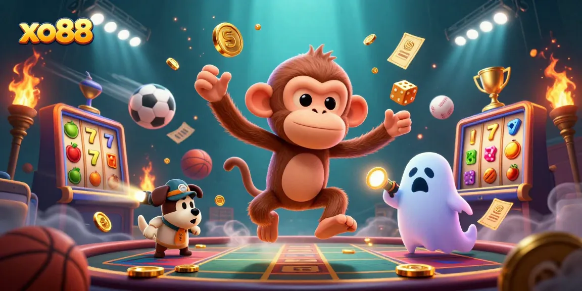 Experience xo88's captivating haunted casino scene with a playful monkey and puppy in action.