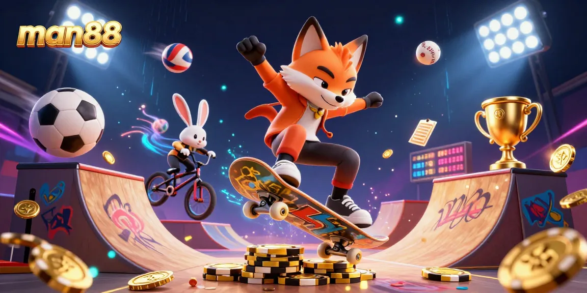 man88 showcases a dynamic scene with a skateboarder fox and BMX rabbit amidst animated sports elements.