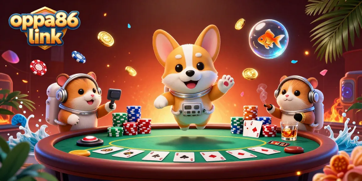 Experience the thrill of gaming with oppa86 link at a vibrant casino scene featuring charming characters.