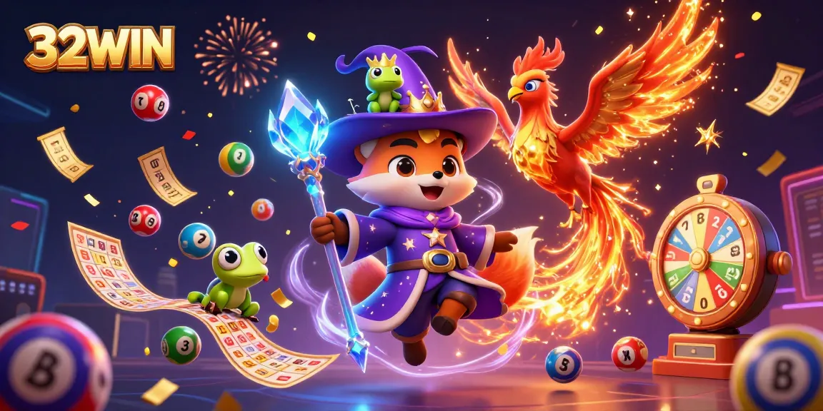 Experience the excitement of 32WIN with mystical characters and vibrant lottery elements in a thrilling gaming scene.