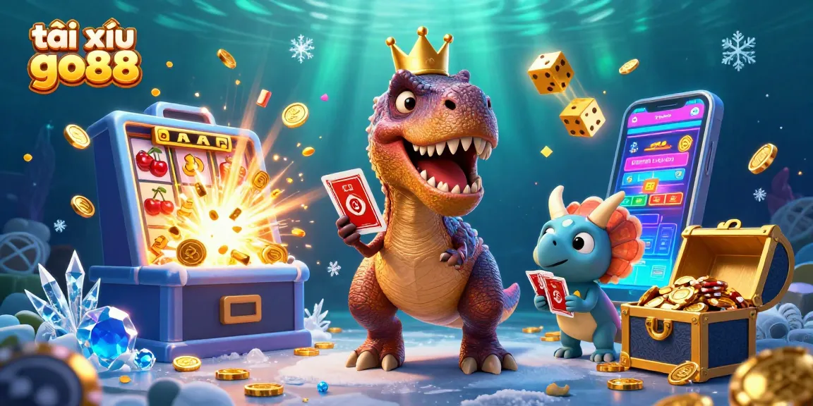 Tài xỉu go88 features a T-Rex shuffling cards and a triceratops stacking chips in a vibrant casino scene.