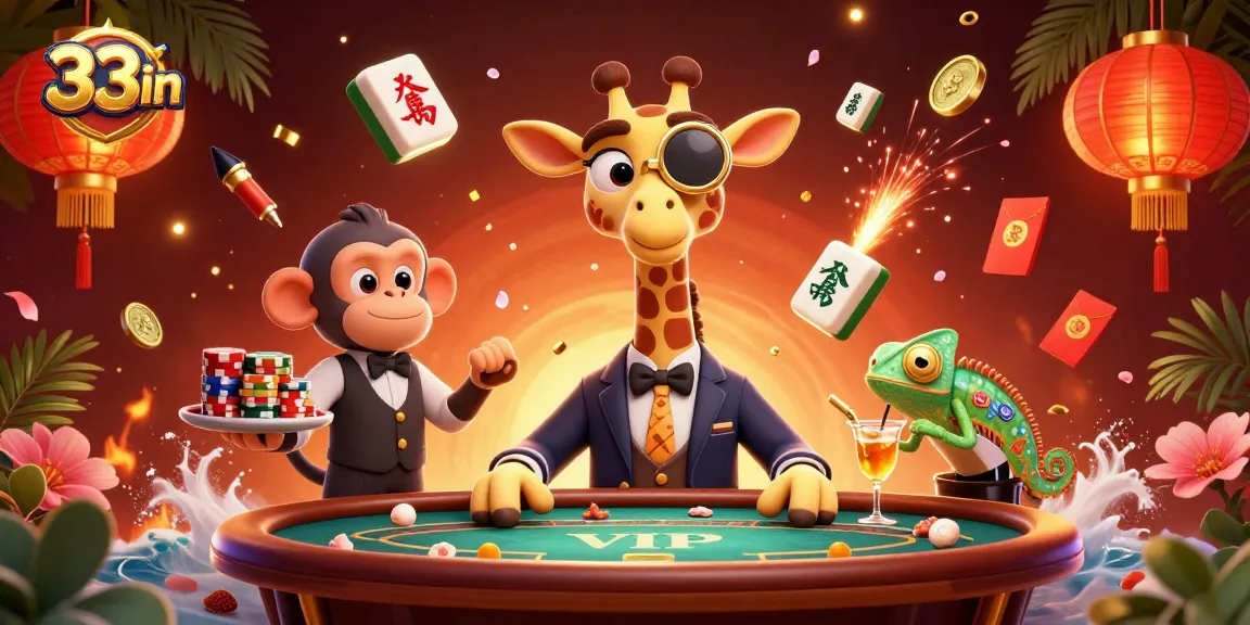 Experience the vibrant casino adventure at 33win, featuring a giraffe and monkey amidst festive game elements.