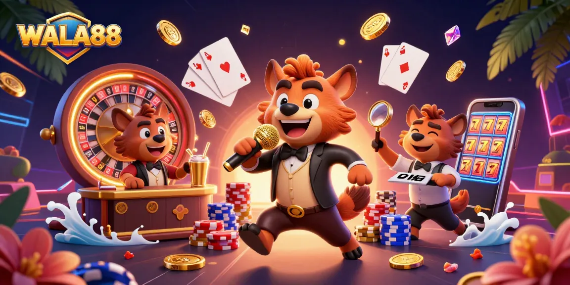 Engage in WALA88's dynamic live gaming experience with entertaining hyena characters, vibrant casino elements, and a colorful backdrop.