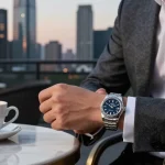 Stylish individual wearing rolex super clone watches in an urban setting.