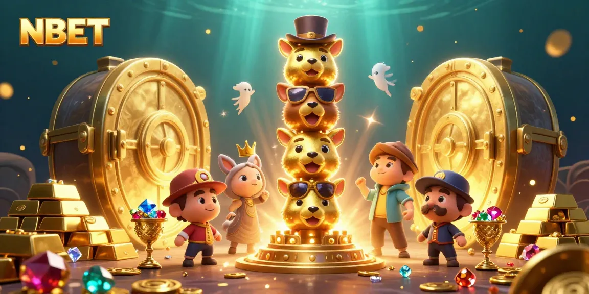 Engage with NBET's vibrant casino world featuring a golden totem pole and treasure vault.