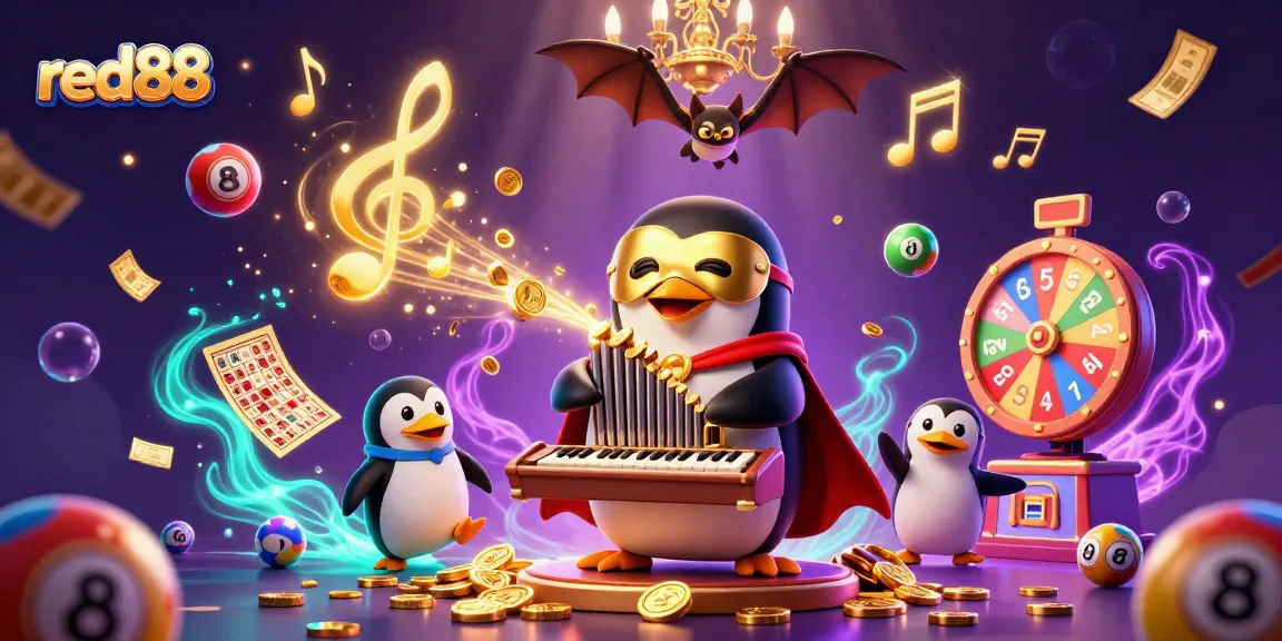 Experience excitement with red88 as the phantom opera penguin entertains at a vibrant casino scene.