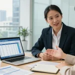 Engaging business meeting using a merchant cash advance calculator, showcasing a financial advisor helping a small business owner.