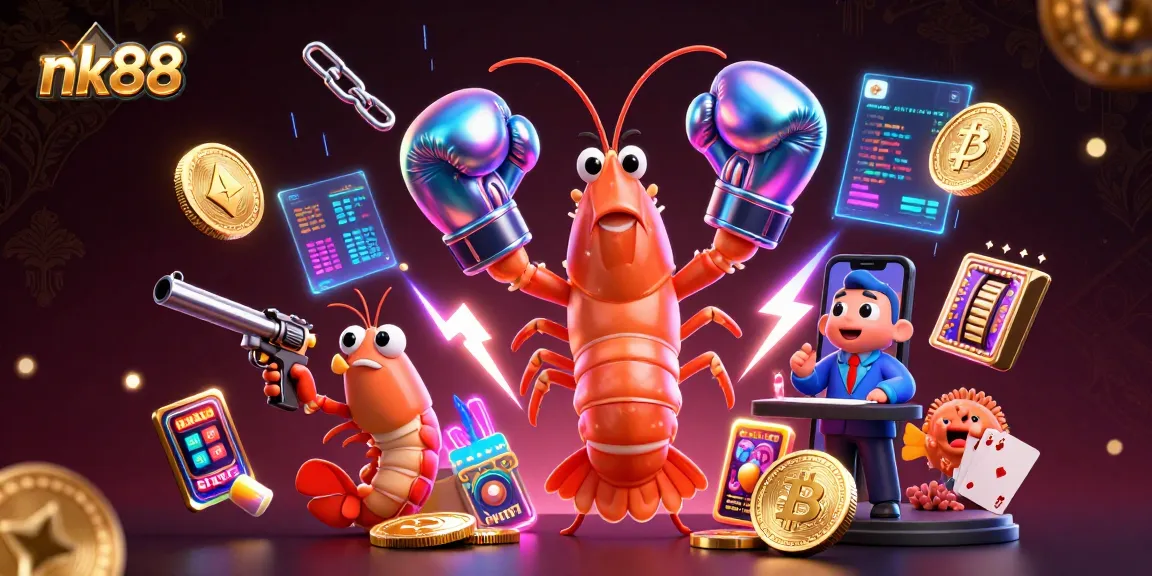 nk88 interactive casino scene with 3D mantis shrimp and crypto elements, showcasing vibrant gaming action