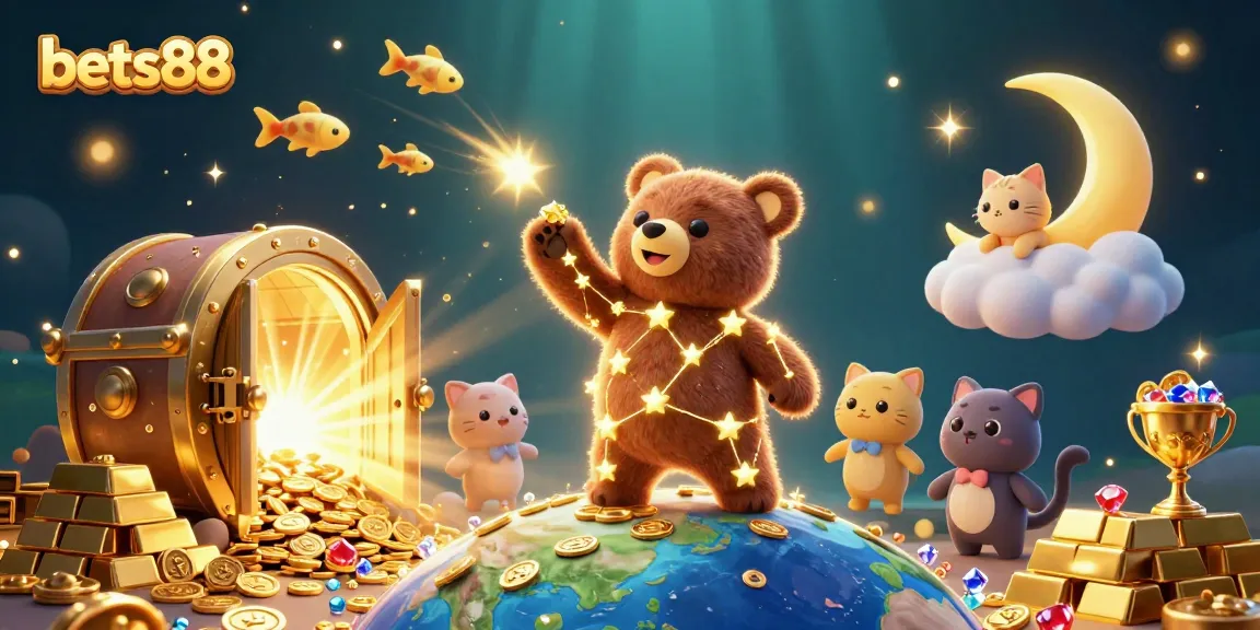 Bets88 dazzles with a vibrant 3D scene, featuring a constellation bear scooping coins amidst treasures and shooting star fish.