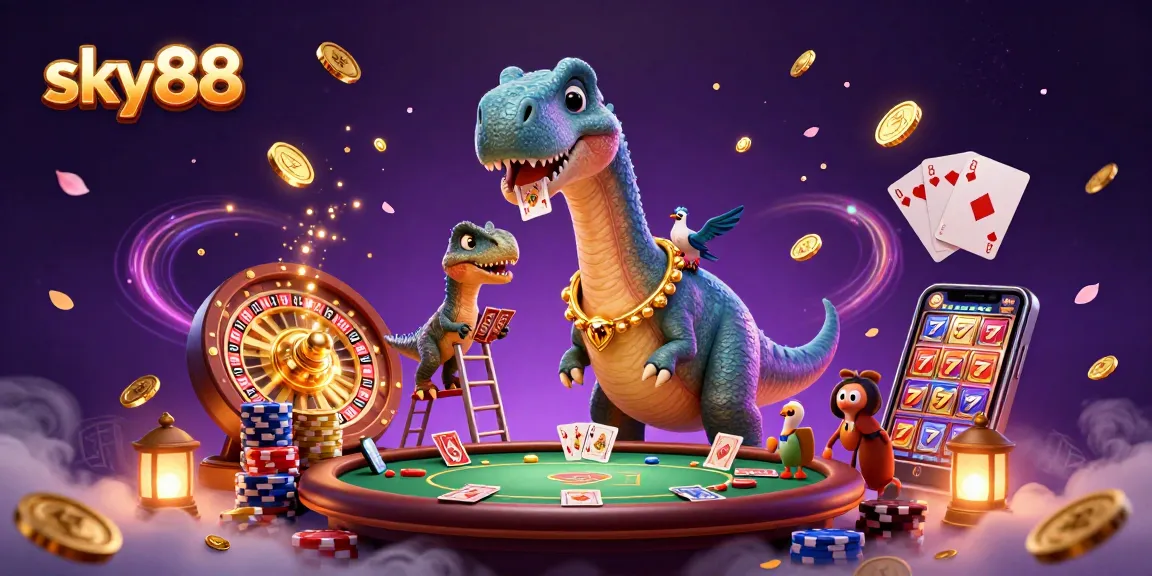 Experience the excitement at sky88 casino with a playful dinosaur theme and vibrant gaming elements.