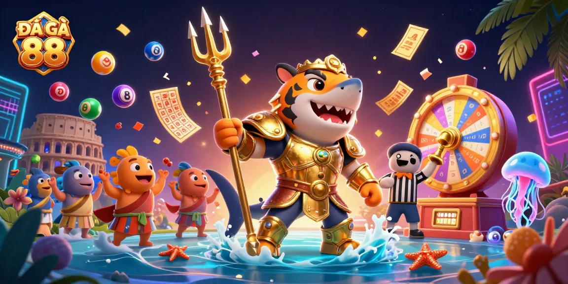Experience ĐÁ GÀ 88 with a dynamic underwater colosseum scene, where a gladiator shark battles amidst vibrant game elements.
