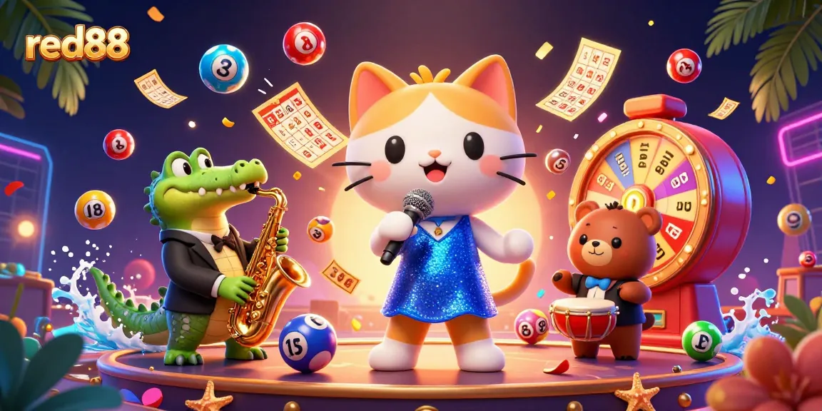 Experience vibrant gameplay at red88 through a lively illustration of characters and casino elements.