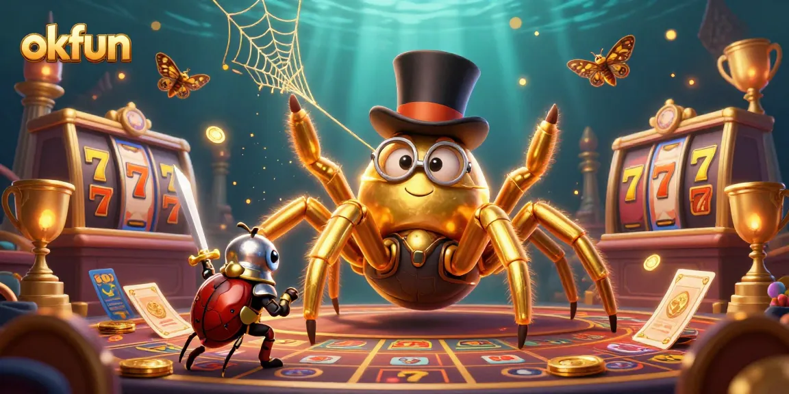 Experience the thrill with okfun as a golden tarantula spins winning slot reels among spectators.