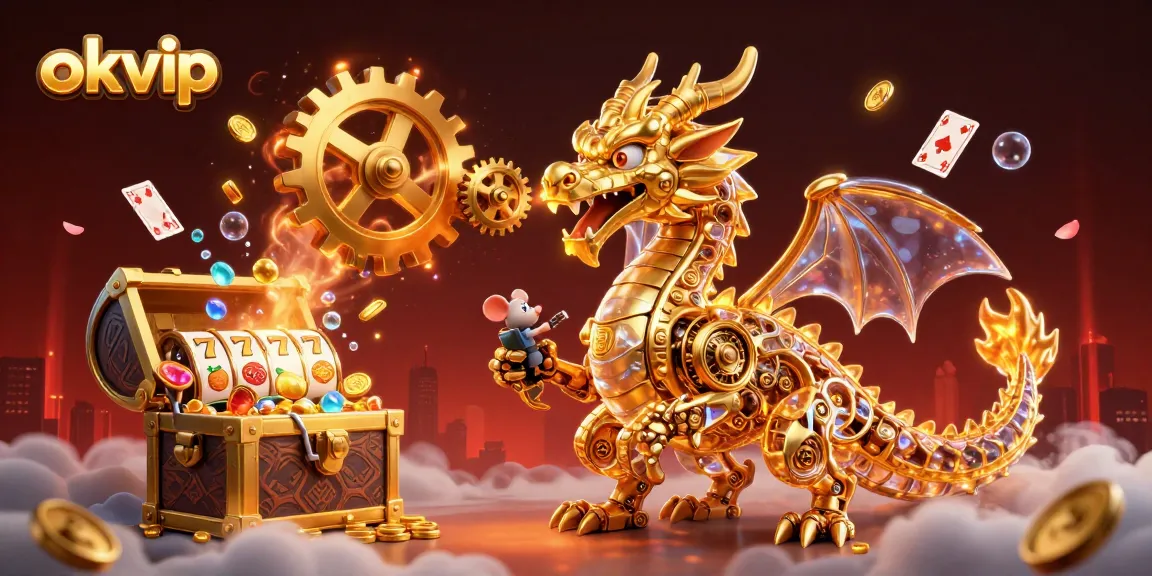 okvip showcases a biomechanical dragon breathing gears amidst dazzling slots and floating cards