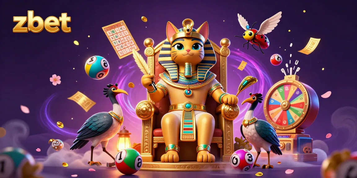 zbet features a vibrant lottery scene with an Egyptian pharaoh cat and dynamic gaming elements