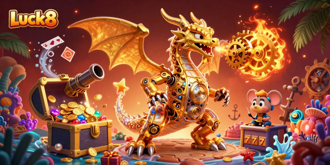 Experience Luck8 with a vibrant underwater scene featuring a mystical dragon and slot elements.