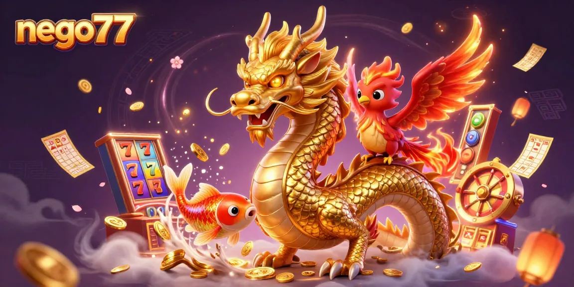 Nego77 powers your jackpot dreams with dynamic slot reels and vibrant golden characters.