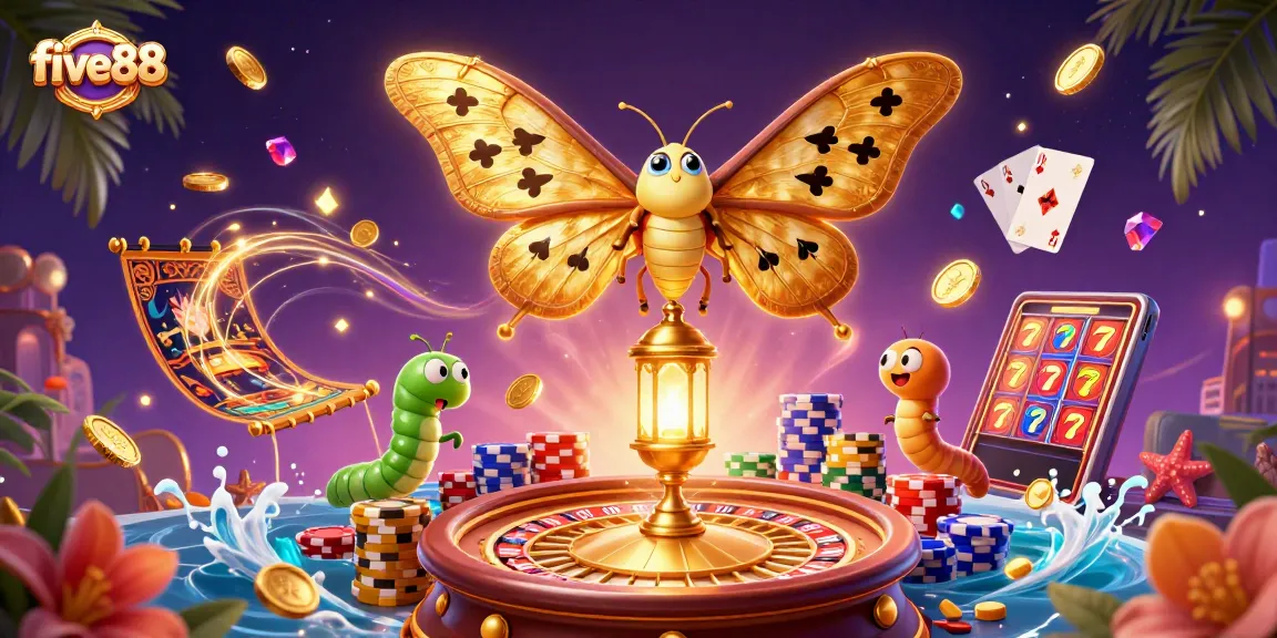 Win big at five88 with vibrant casino scenes featuring an atlas moth and golden treasures.