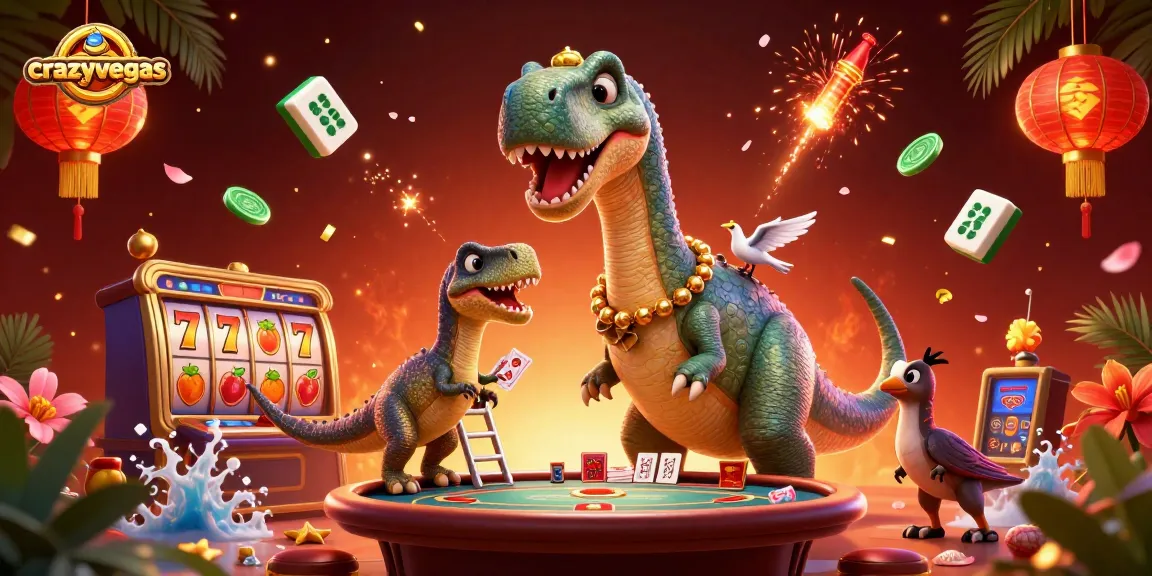 Experience the thrill of crazyvegas with a dinosaur dealing cards at a vibrant casino scene.