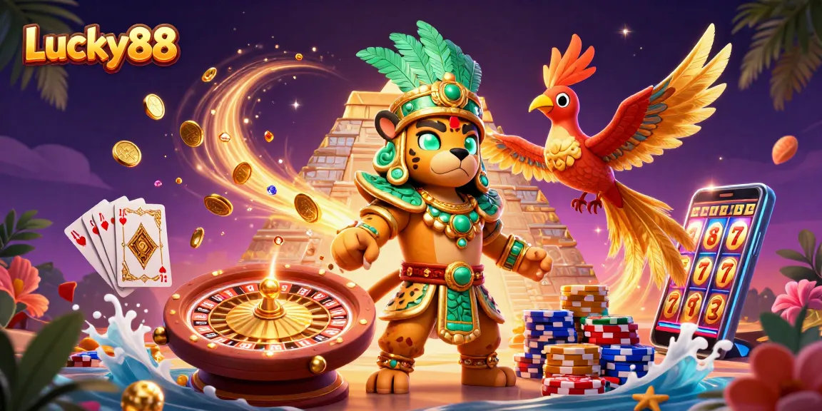 Experience thrilling gameplay at Lucky88 with a vibrant casino scene featuring iconic elements like roulette and poker.