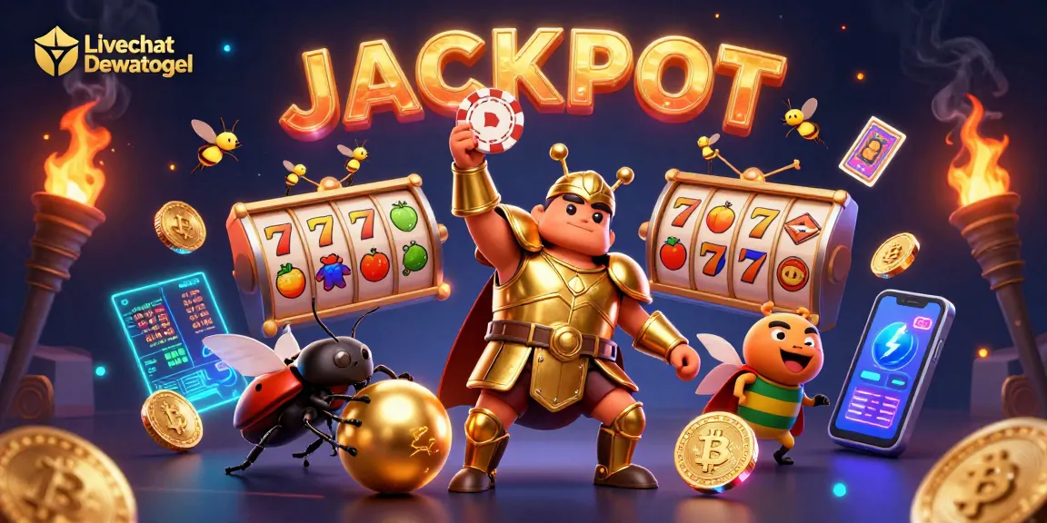 Engage in thrilling gameplay with Livechat Dewatogel featuring a victorious beetle and jackpot symbols.