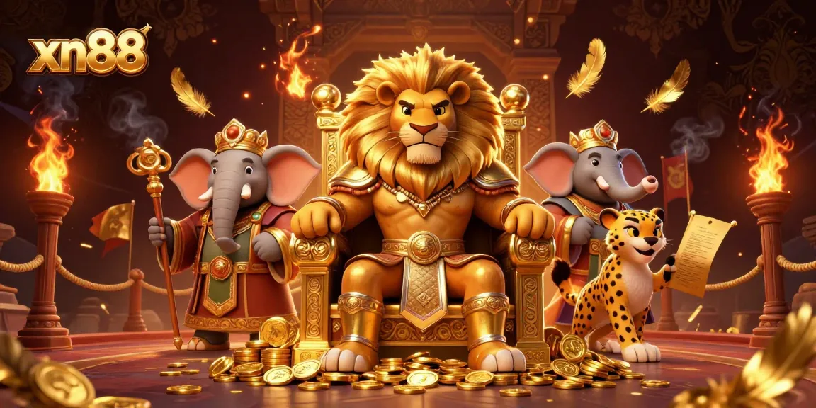 Experience thrilling gameplay at xn88 featuring a royal lion with golden coins in a dynamic casino scene.