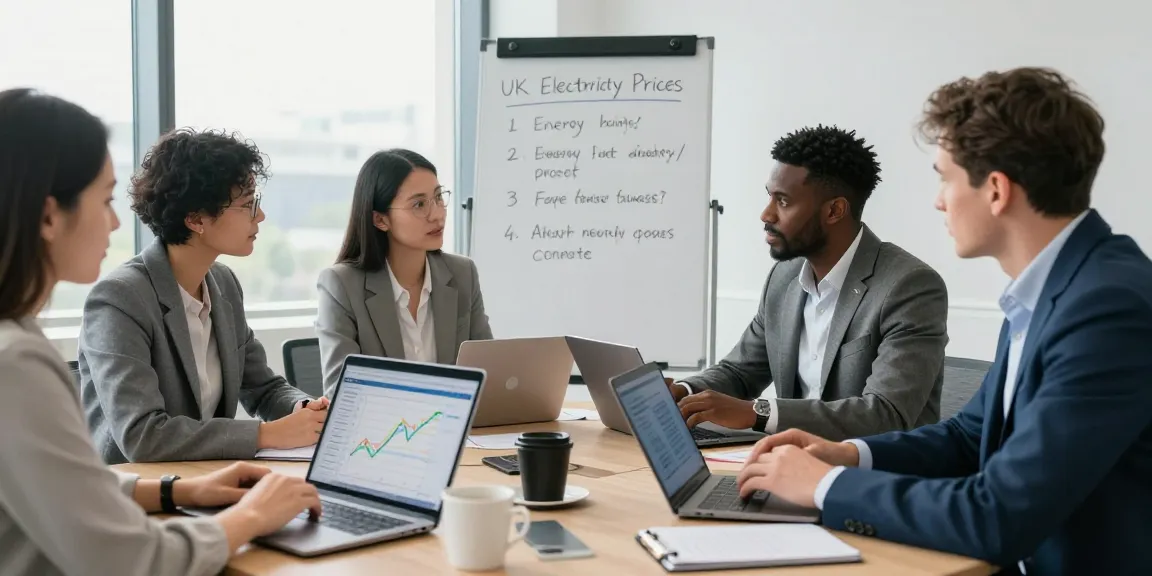 Team discussing UK electricity price per kWh April 2026 in a modern office