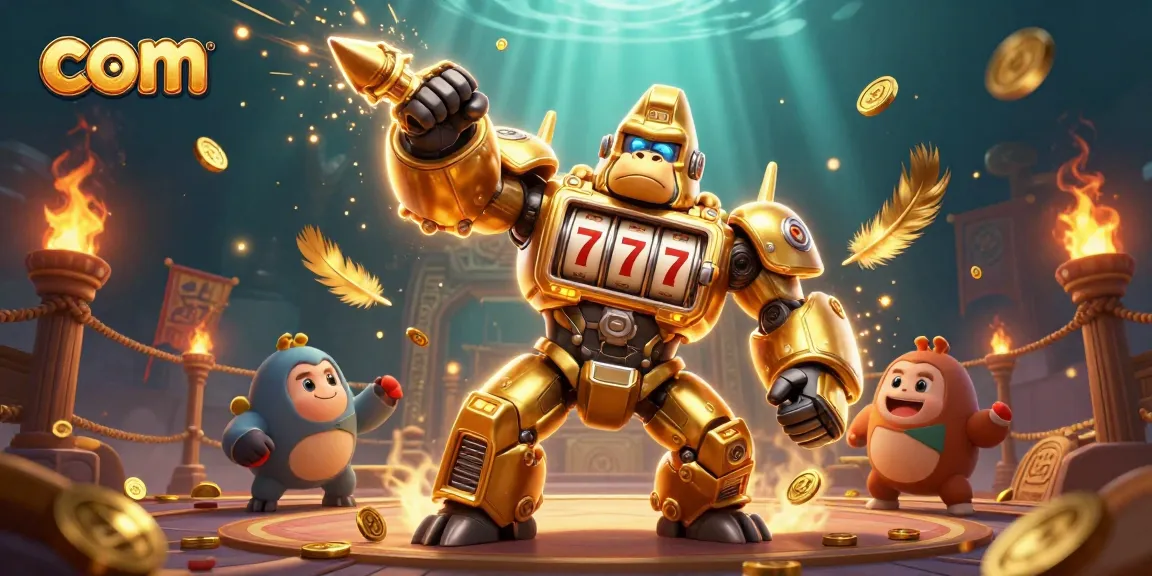 Engage with our com revolution featuring a golden gorilla mech amidst casino chaos.