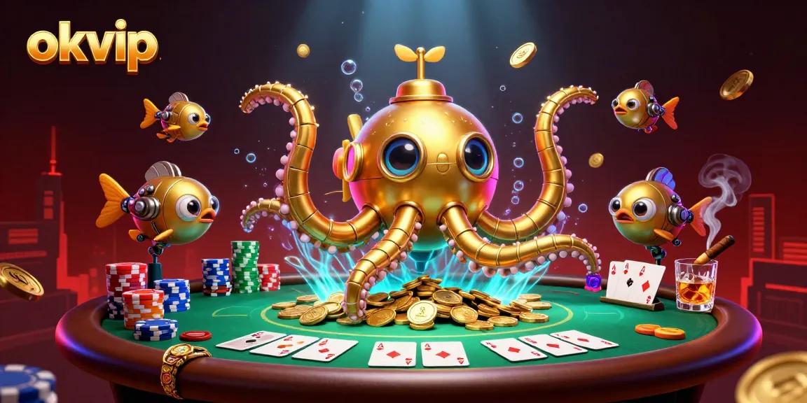 Experience the excitement with okvip as the golden kraken submarine surfaces in a sea of golden coins while playing poker.