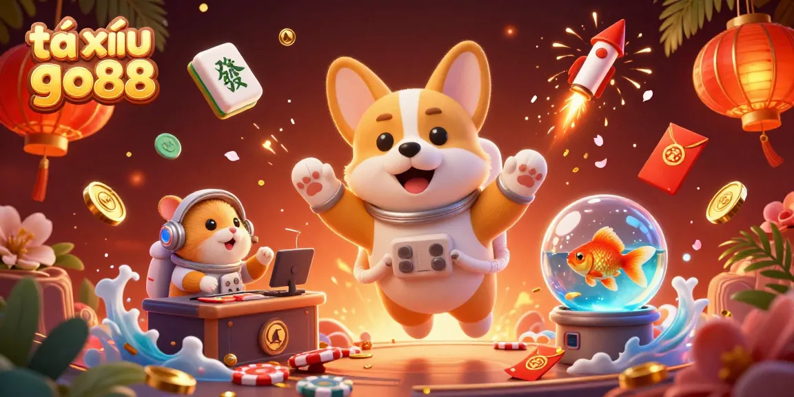 Tai xỉu go88: Join the thrilling casino adventure with a floating astronaut corgi, poker chips, and mahjong tiles.