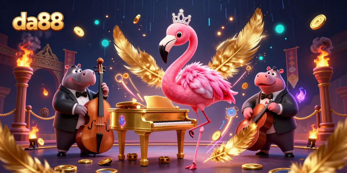 Experience the da88 thrill with a flamingo singer and hippo bassist in a lively casino scene.