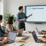 Team collaborating on Cyber Essentials certification in a bright office setting.