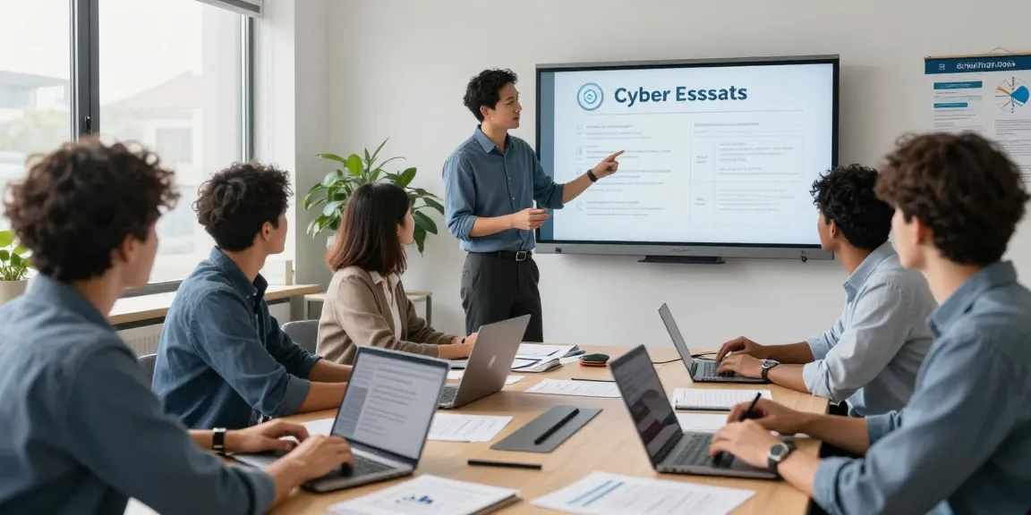 Team collaborating on Cyber Essentials certification in a bright office setting.