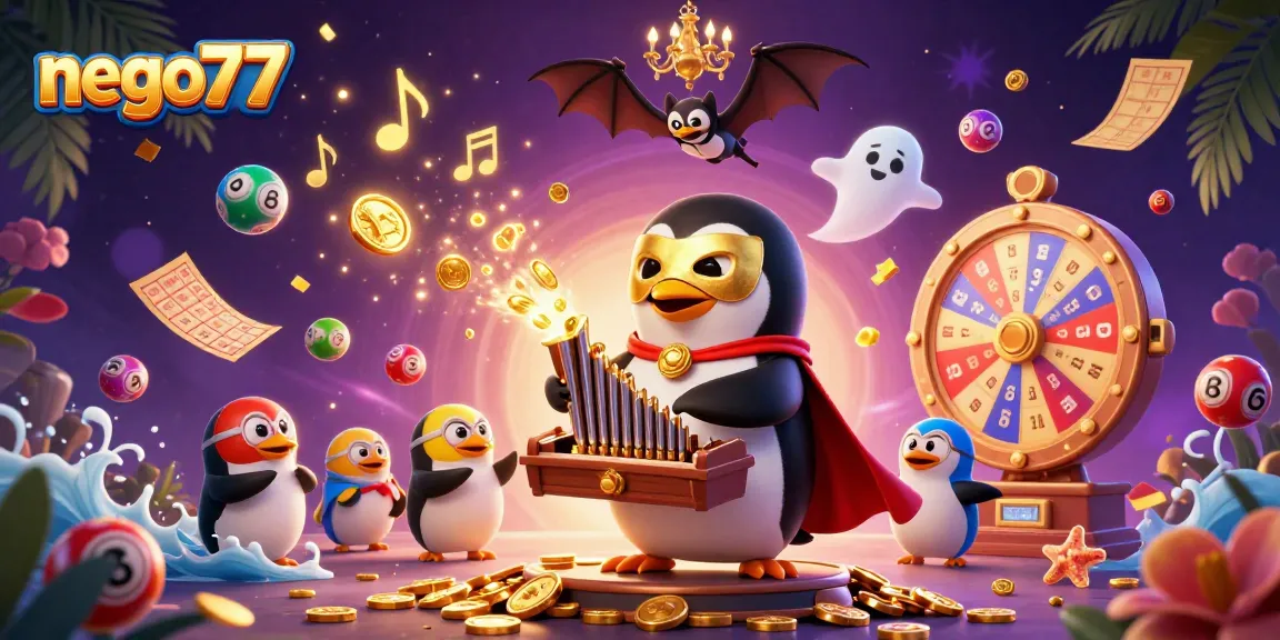 See how nego77 enhances your gaming experience with golden coins raining from a magical organ amidst colorful lottery elements.