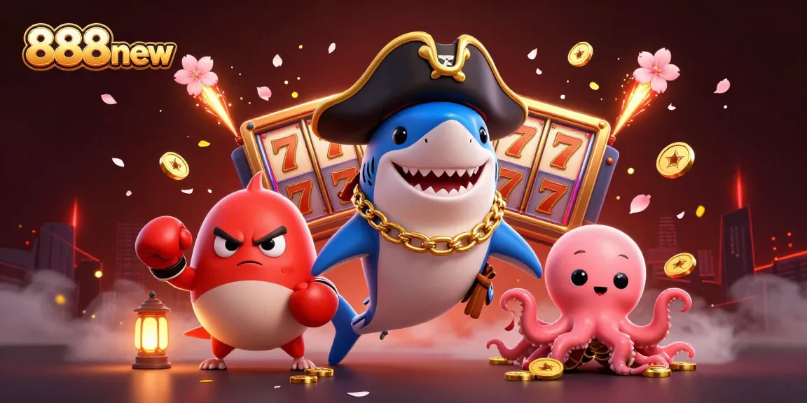 Engage with 888new through thrilling slot games illustrated by a pirate shark, pufferfish, and octopus.