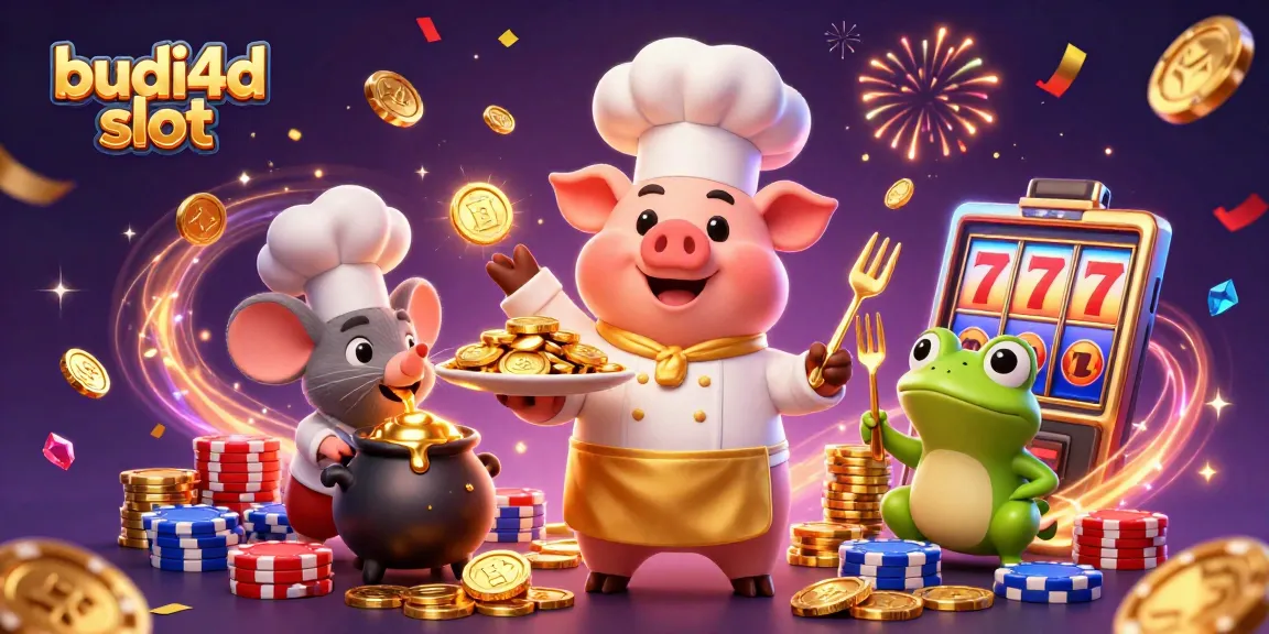 Experience excitement with budi4d slot in this dynamic illustration featuring casino elements and characters.