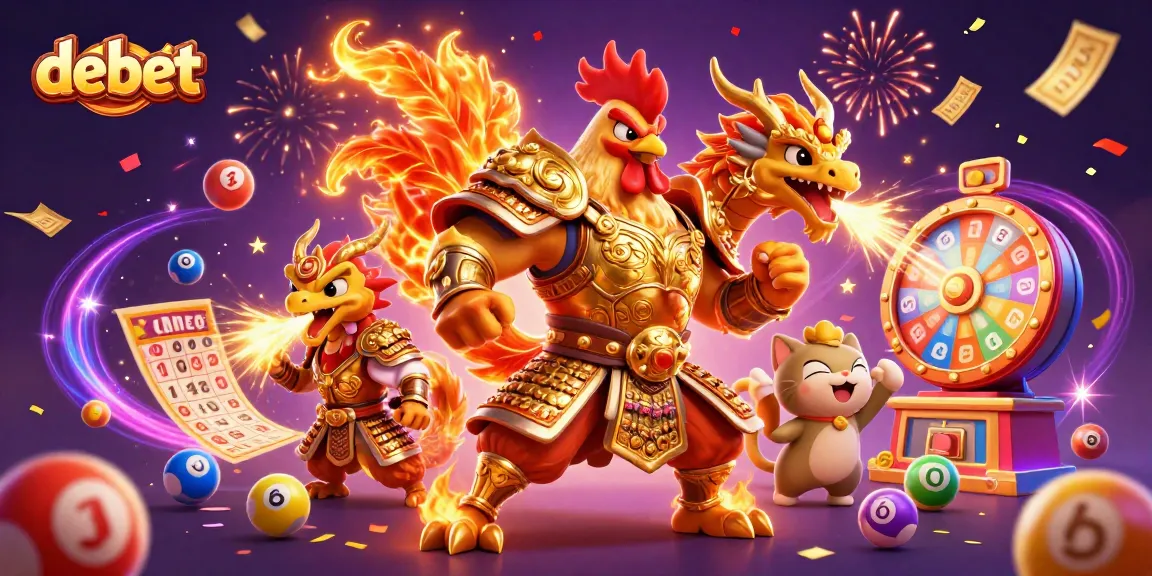 Experience thrilling gameplay with debet: an epic scene showcasing a warrior rooster and dragon in a vibrant casino.