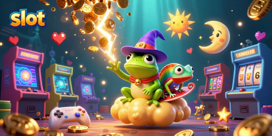Spin and win at slot games with vibrant characters and casino elements surrounded by golden coins.