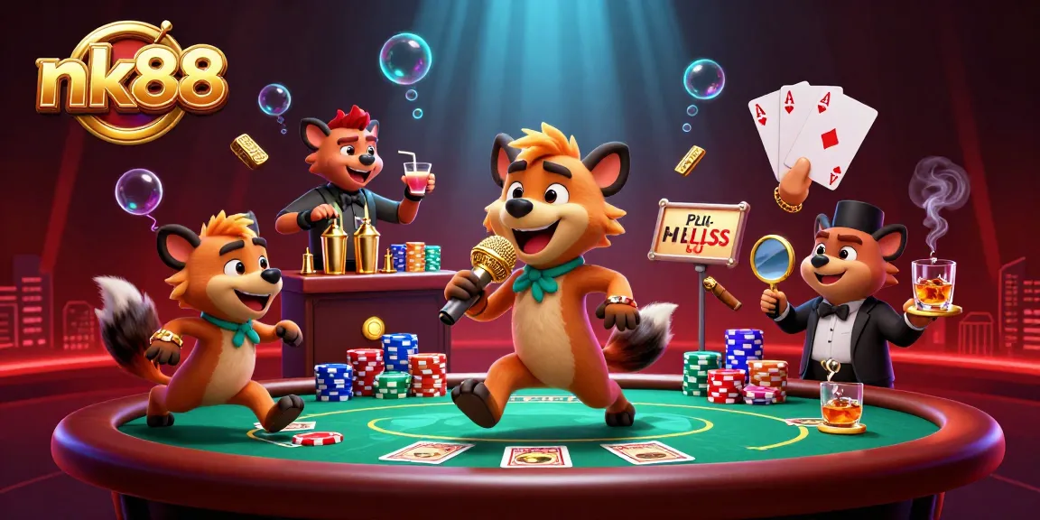 Experience nk88's lively casino atmosphere with hyenas captively telling jokes, mixing drinks, and checking IDs.